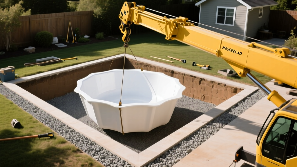 Yellow crane lowering a large white fiberglass pool shell into a rectangular excavated backyard hole lined with crushed stone