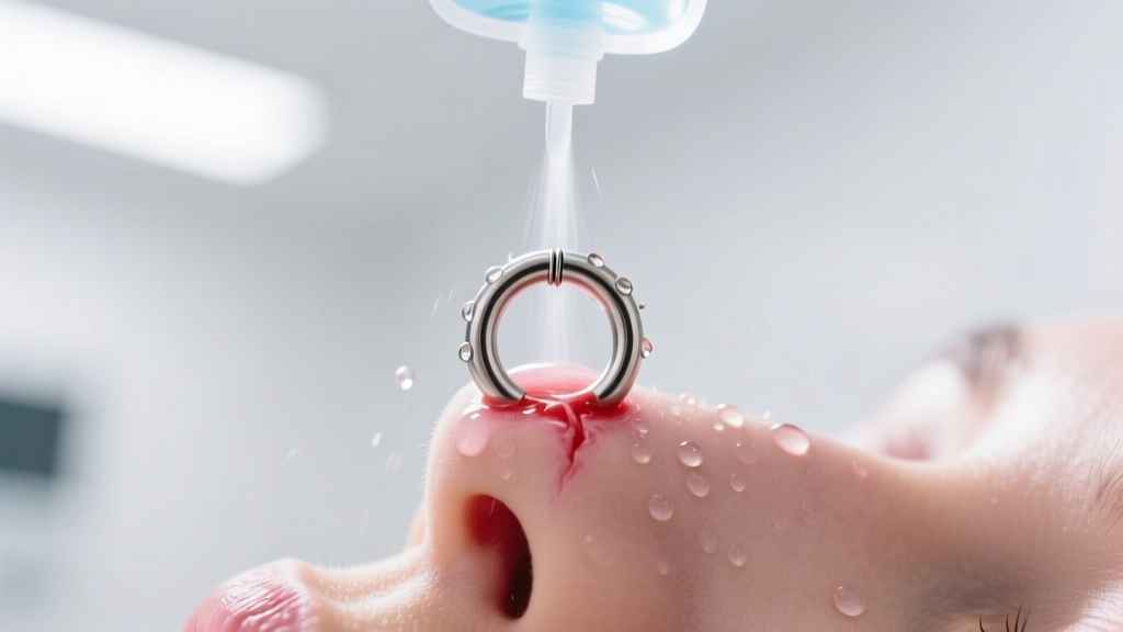 Sterile saline wound wash can spraying gently onto a healing 16-gauge titanium helix hoop piercing in bright natural light