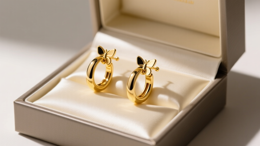 Elegant gift box opened to reveal 14k yellow gold post hoop earrings with a secure butterfly clutch, resting on cream silk fabric