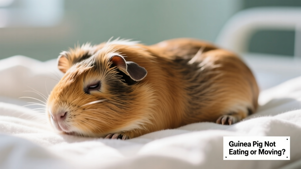 Close-up of a lethargic guinea pig lying quietly in clean bedding