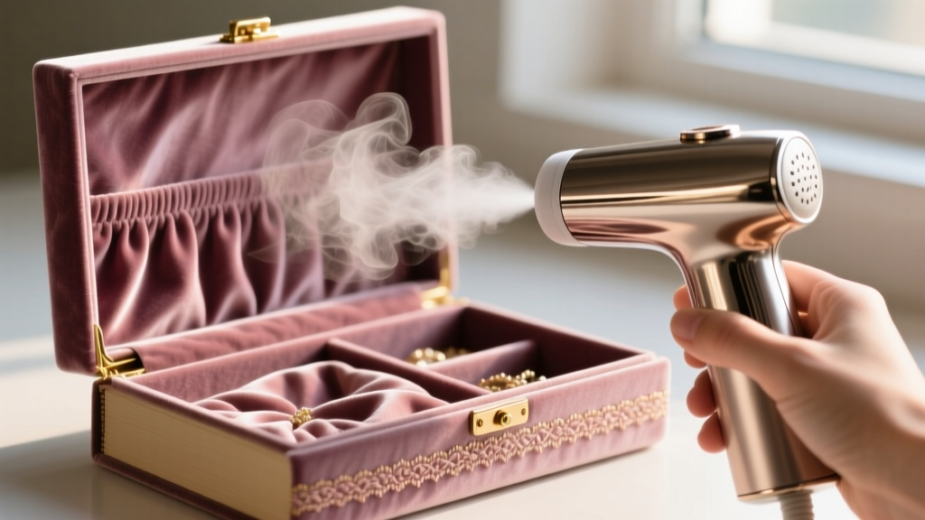 Close-up of a handheld steamer gently lifting the crushed pile of dusty rose velvet lining inside a book-style jewelry organizer