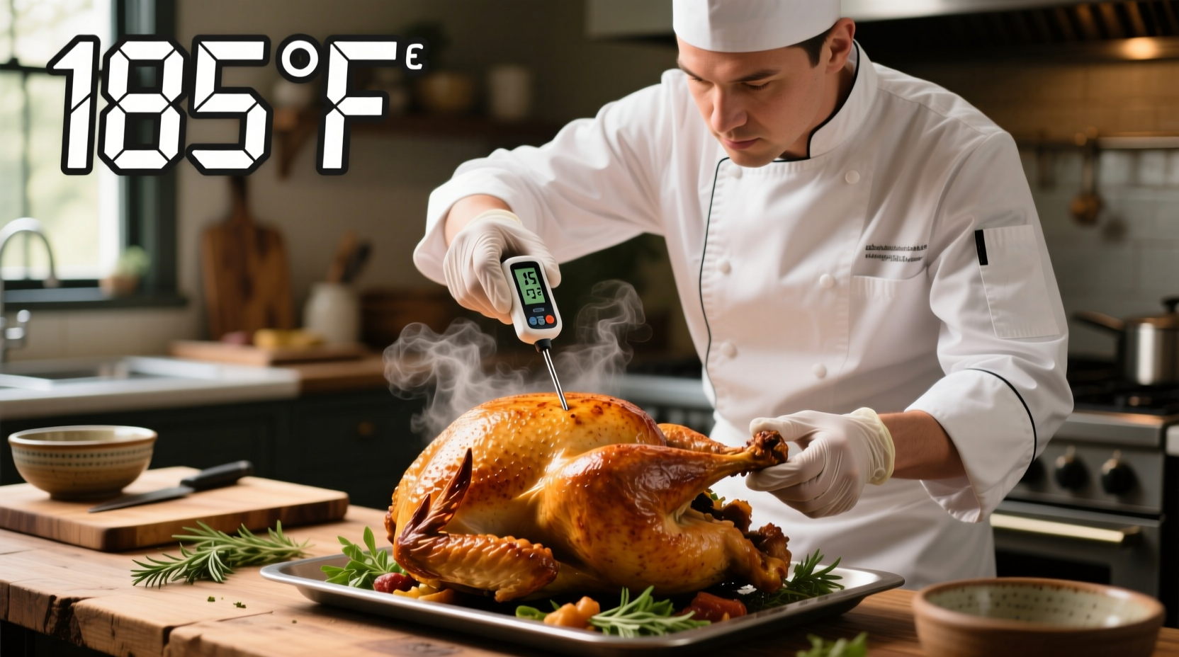 Chef checking turkey temperature with digital thermometer