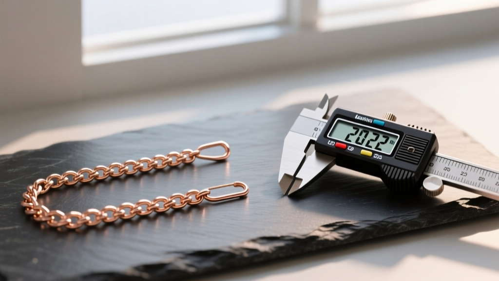 Side-by-side 20-gauge and 22-gauge rose gold threader chains resting on dark slate with digital measurement calipers nearby.