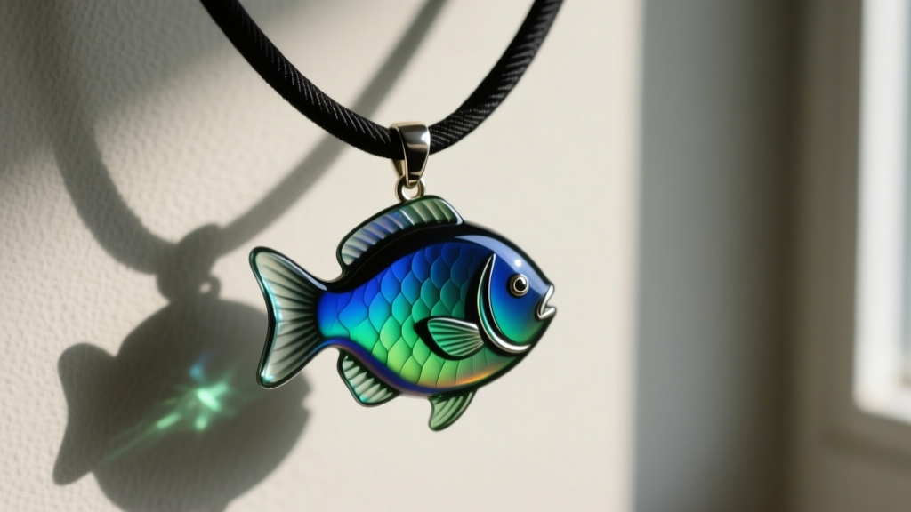 Close-up of a dichroic glass fish pendant necklace catching light, revealing iridescent blue and green hues on a black silk cord