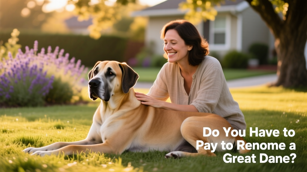 A gentle Great Dane resting calmly beside a smiling adult, illustrating trust and companionship