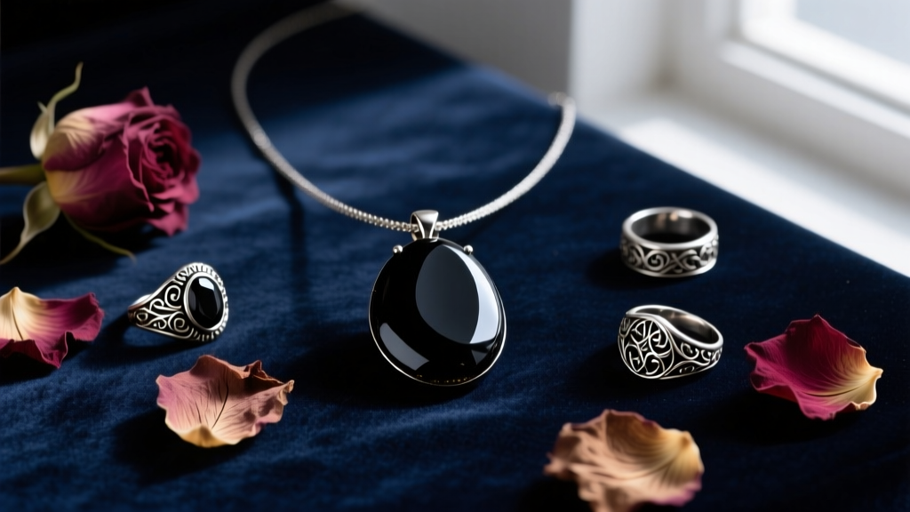 Moody flatlay of a polished black agate pendant necklace on dark velvet surrounded by antique silver rings and dried roses