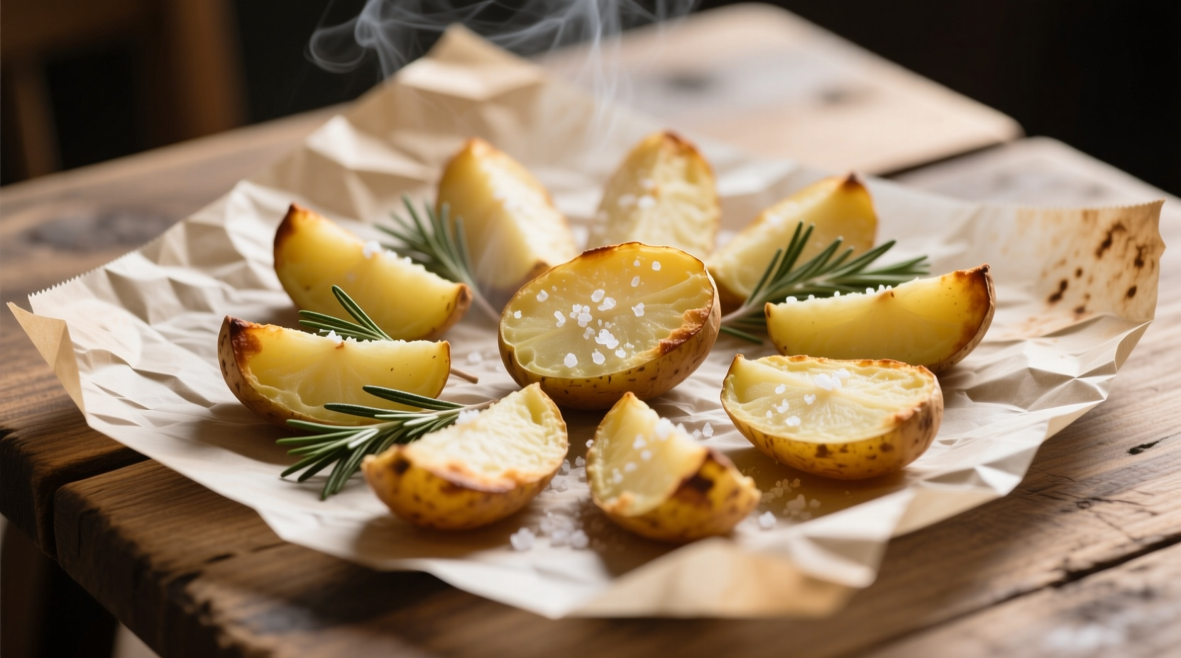 Golden baked potato slices on parchment paper