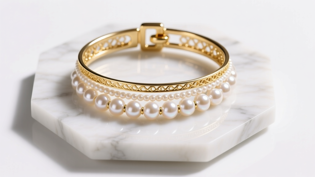 Top view of a 14k gold multi-strand spacer bar clasp securing three pearl strands on a clean white marble jewelry display pad.