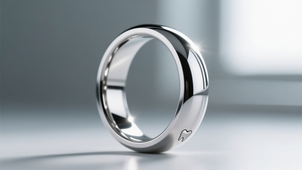 Macro view of an implant-grade titanium seamless ring with a mirror polish, highlighting the flawless surface to protect teeth