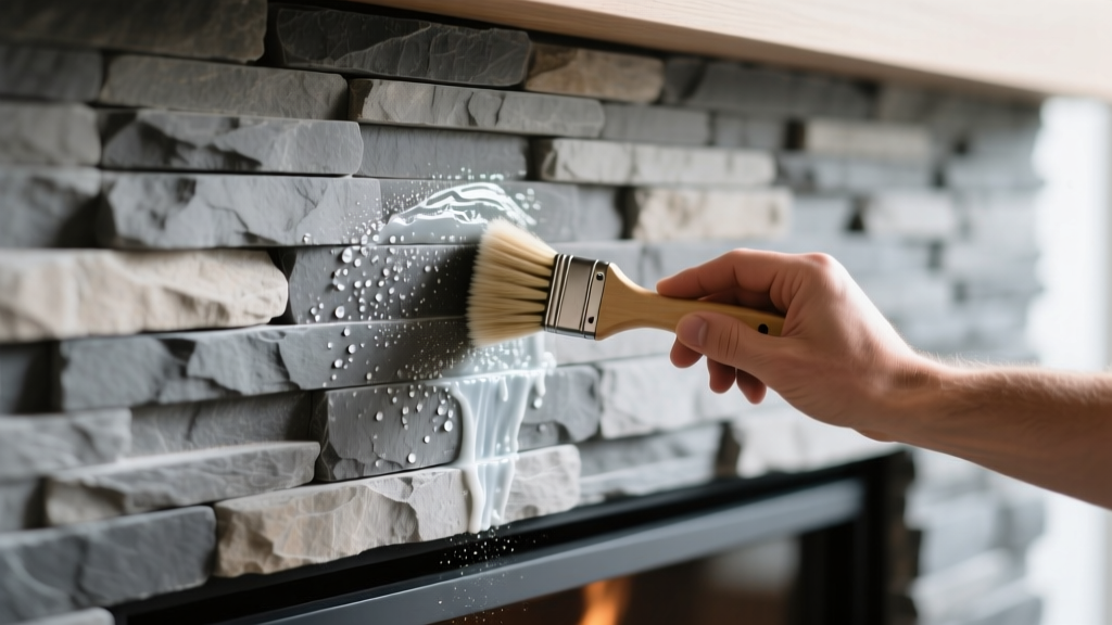 Close-up of a textured grey stacked stone veneer fireplace wall being gently cleaned with a soft bristle brush and pH-neutral stone cleaner.