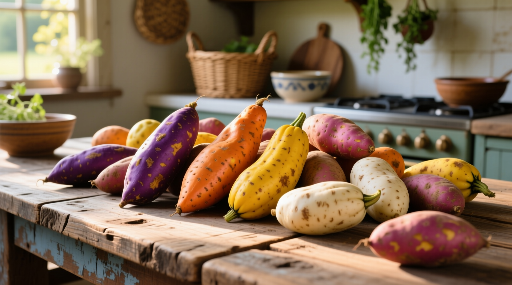 Colorful varieties of sweet potatoes on wooden table