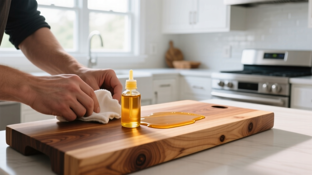 Hands applying food-grade mineral oil and beeswax conditioner to a thick maple butcher block with a cotton cloth in a bright kitchen