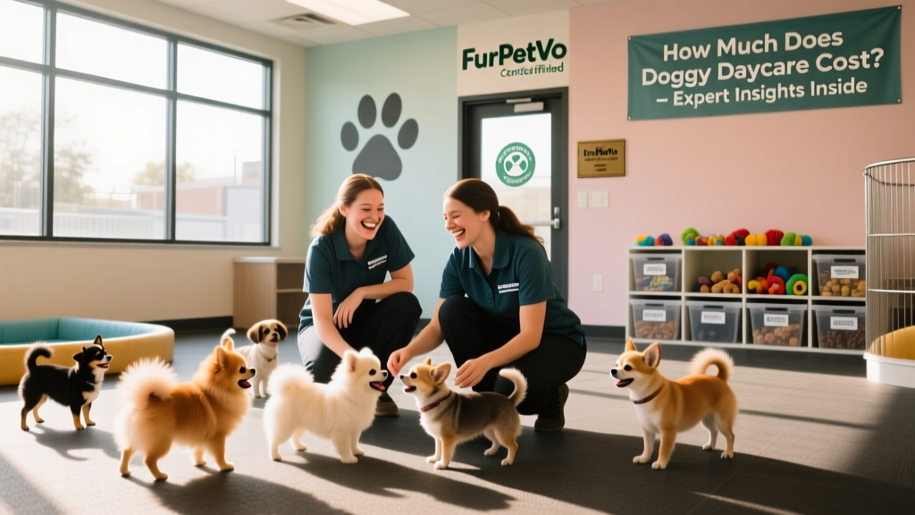 Two staff members playing with a group of small dogs in a bright, open indoor play area at a FurPetVo-certified doggy daycare center