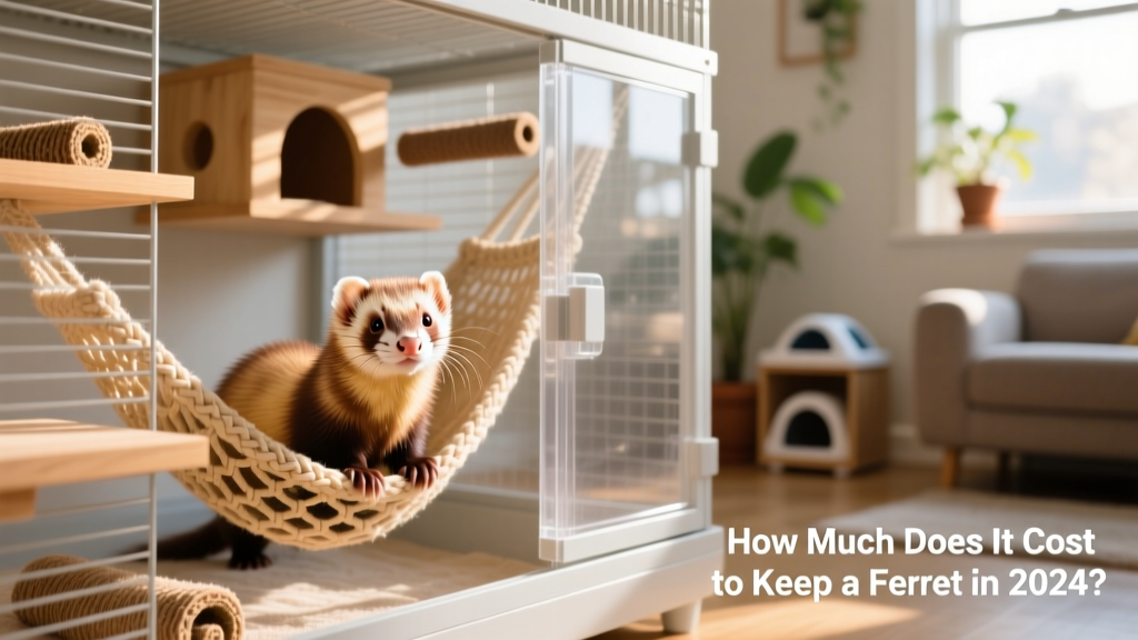 A playful ferret peeking out of a cozy hammock inside a well-equipped cage