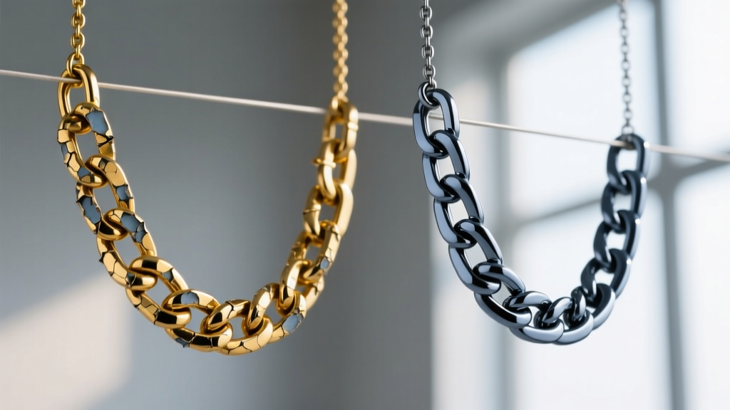 Macro shot comparing a flaking zinc alloy gold-plated necklace chain next to a pristine PVD-coated 316L stainless steel chain.