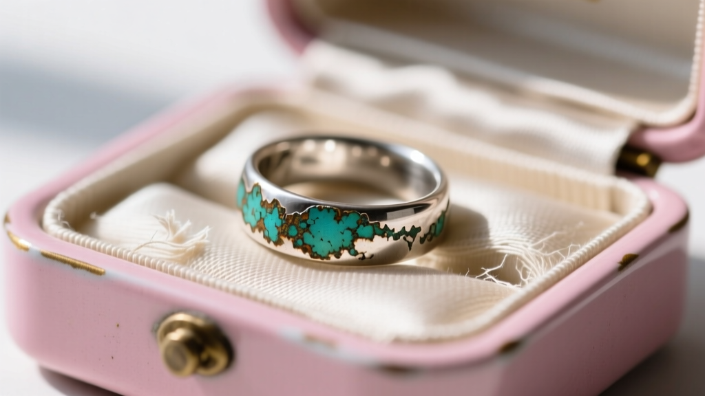 Tarnished silver rings on old silk in a vintage pink enamel box, macro shot showing sulfur corrosion and fabric wear details