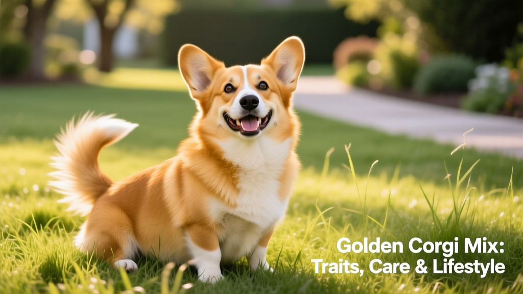 A smiling Golden Corgi sitting on a sunlit grassy lawn, tail wagging