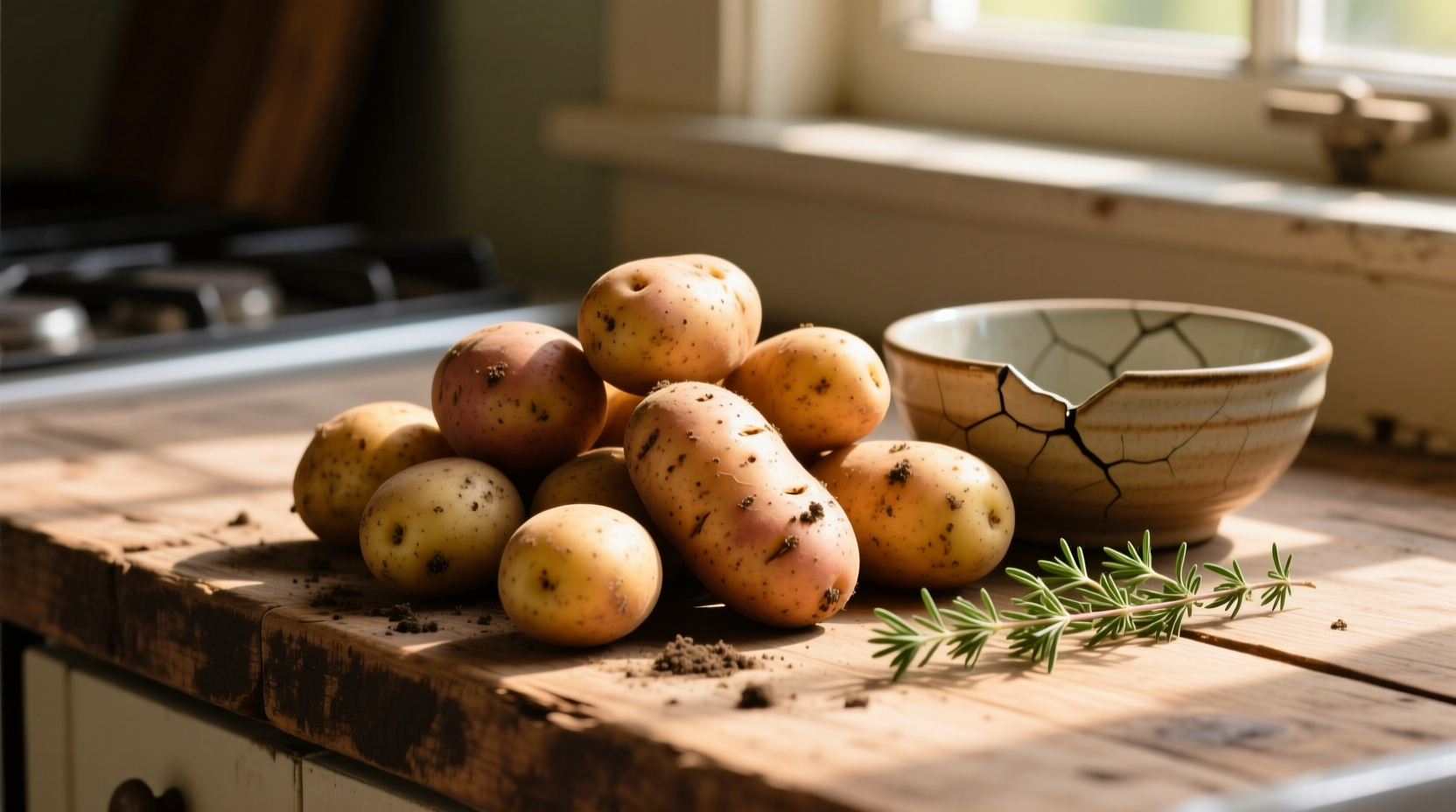 Russet potatoes ready for baking on a kitchen counter