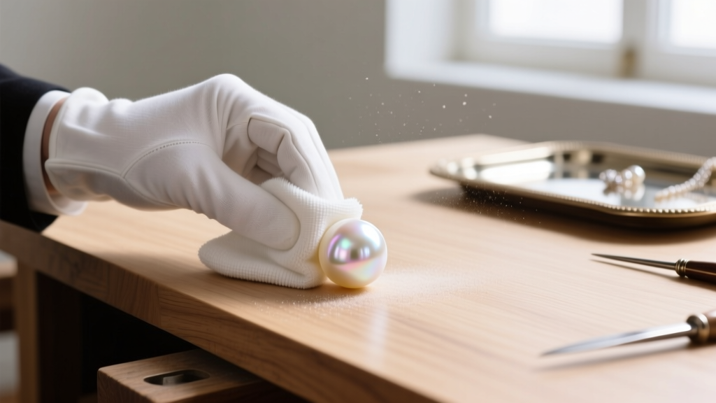 Jeweler gently wiping a single cream Akoya pearl with a damp microfiber cloth on a sterile, well-lit wooden workbench surface