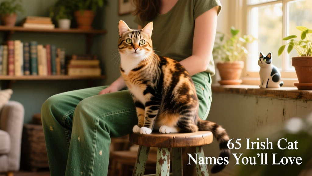 A playful tortoiseshell cat sitting between someone’s legs, person wearing green jeans