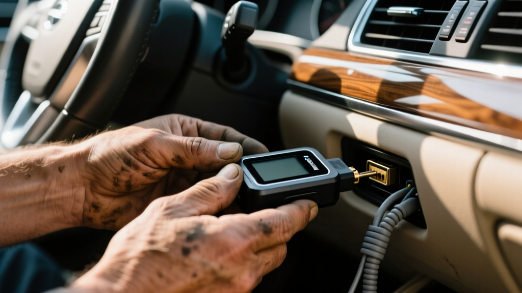 Close-up of a mechanic hands plugging a Bluetooth OBD2 diagnostic scanner into the data link connector port under the steering wheel of a sedan.