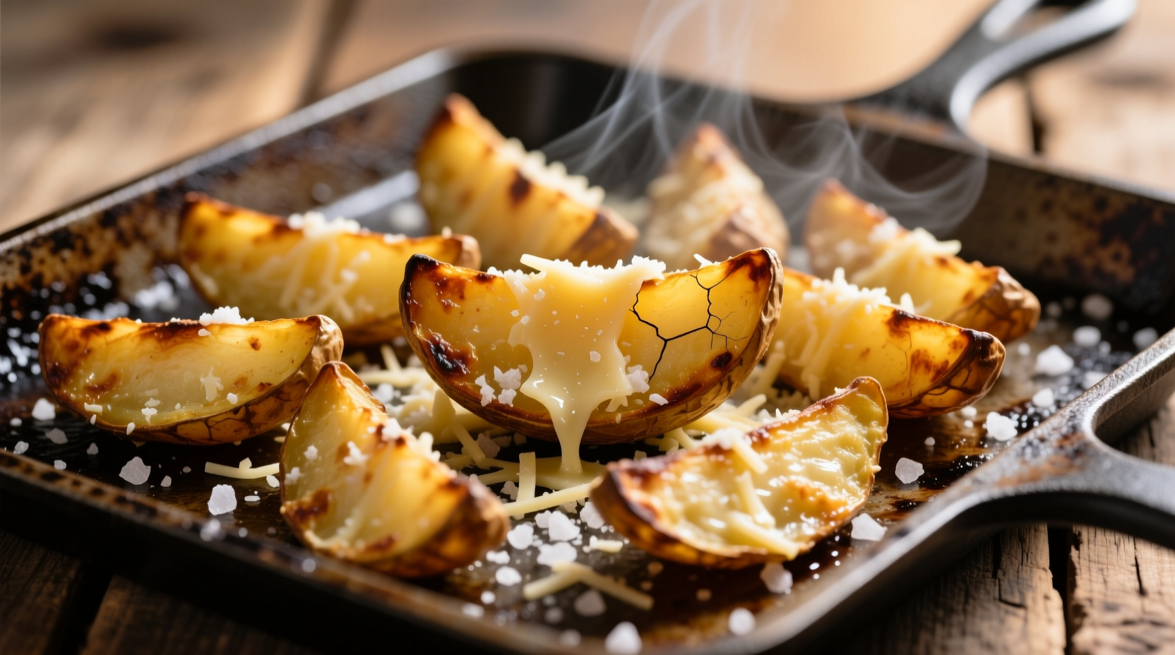 Golden brown parmesan potato wedges on baking sheet