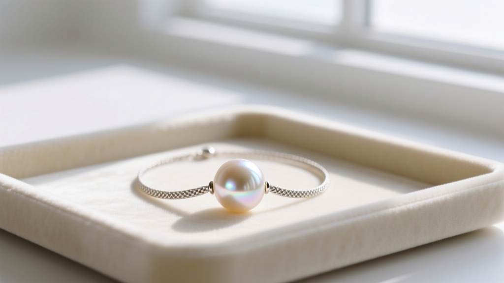 A delicate freshwater pearl pendant necklace with slight surface etching from acidic sweat, displayed on a soft cream velvet tray.