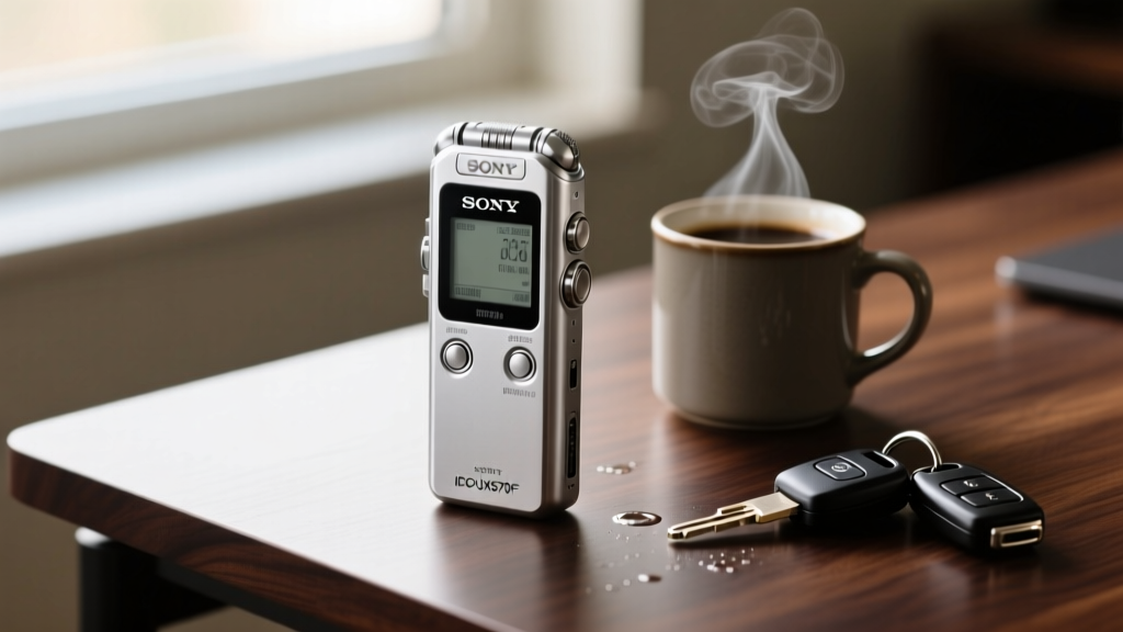 Close-up of silver Sony ICD-UX570F digital voice recorder resting on a dark wooden desk next to a cup of coffee and a set of car keys
