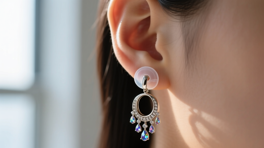Close-up of an earlobe wearing a heavy drop earring secured by a clear silicone backing, demonstrating a lifted, tear-free fit.