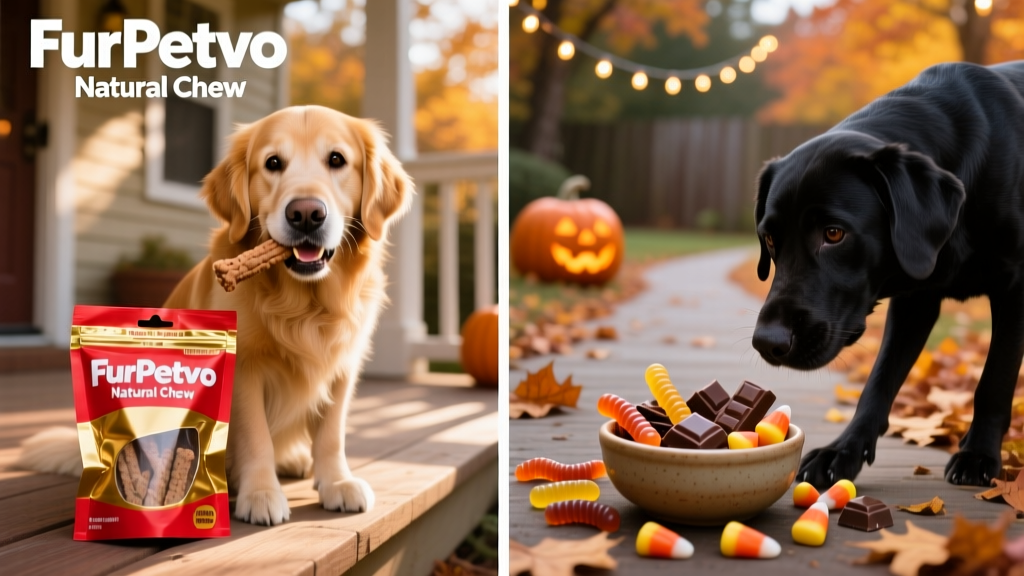 Side-by-side comparison: a dog safely enjoying a FurPetVo-branded dog treat versus a pet reaching toward a bowl of assorted human candy