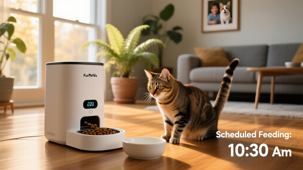 A FurPetVo microchip feeder opening for one cat while another waits nearby, illustrating individualized feeding