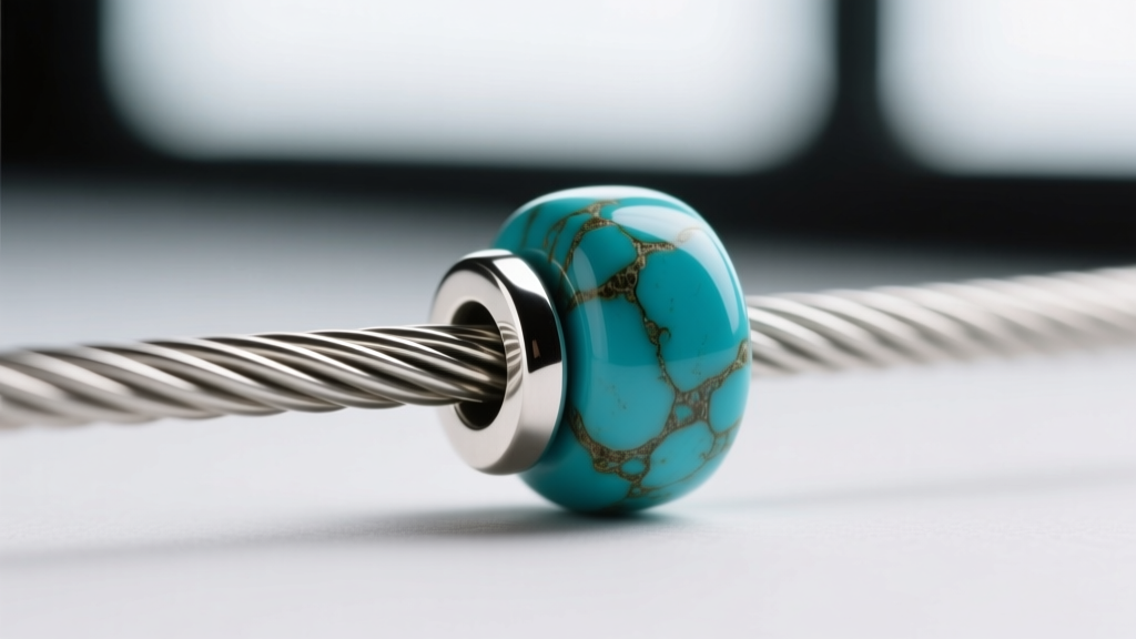 Macro shot of 49-strand steel beading wire threaded through a 2mm silver crimp bead and a natural Kingman turquoise stone bead.