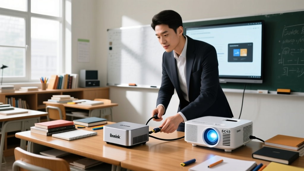 Educator connecting a silver Beelink EQ13 mini PC to a classroom Epson projector via HDMI on a crowded wooden teacher desk