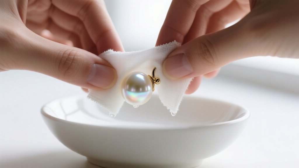 Hands gently wiping a large cream freshwater big pearl earrings stud with a damp microfiber cloth over a white ceramic bowl.