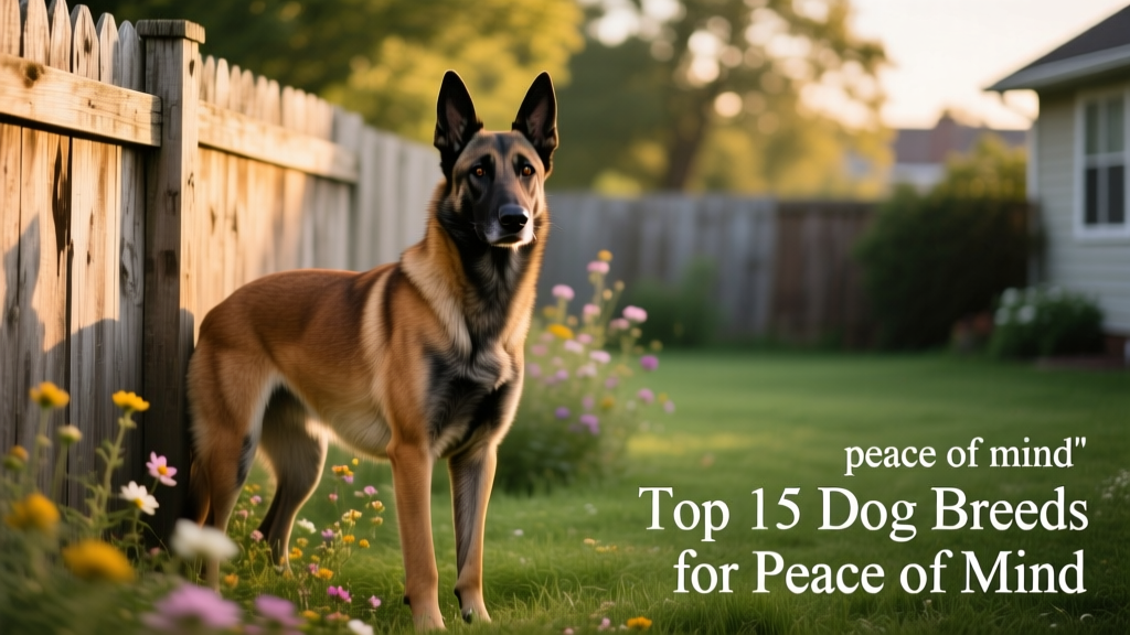 A focused Belgian Malinois on alert beside a backyard fence, muscles taut and gaze steady