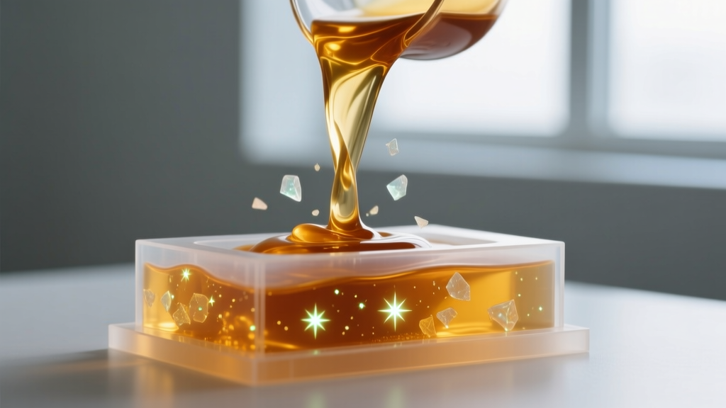 Amber bio-resin poured into a silicone mold, showing thick viscosity and suspended strontium aluminate luminescent flakes.