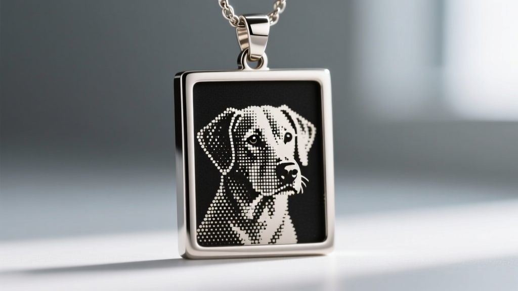 Macro photography of a laser-engraved stainless steel picture pendant showing microscopic dot matrix details of a dog portrait