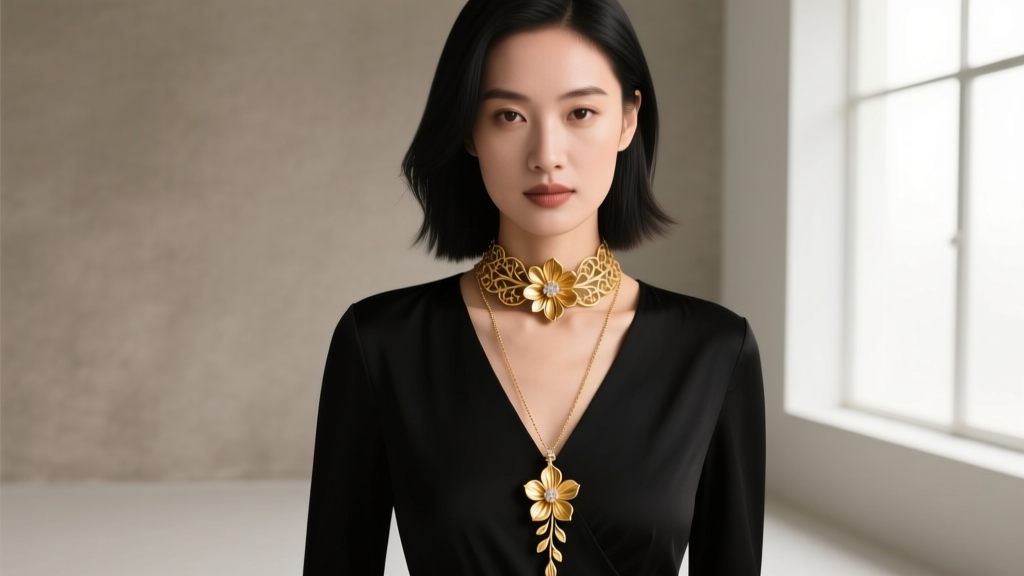 Woman wearing layered 18k gold floral necklaces over a black V-neck blouse, showing a 16-inch choker and 20-inch pendant.