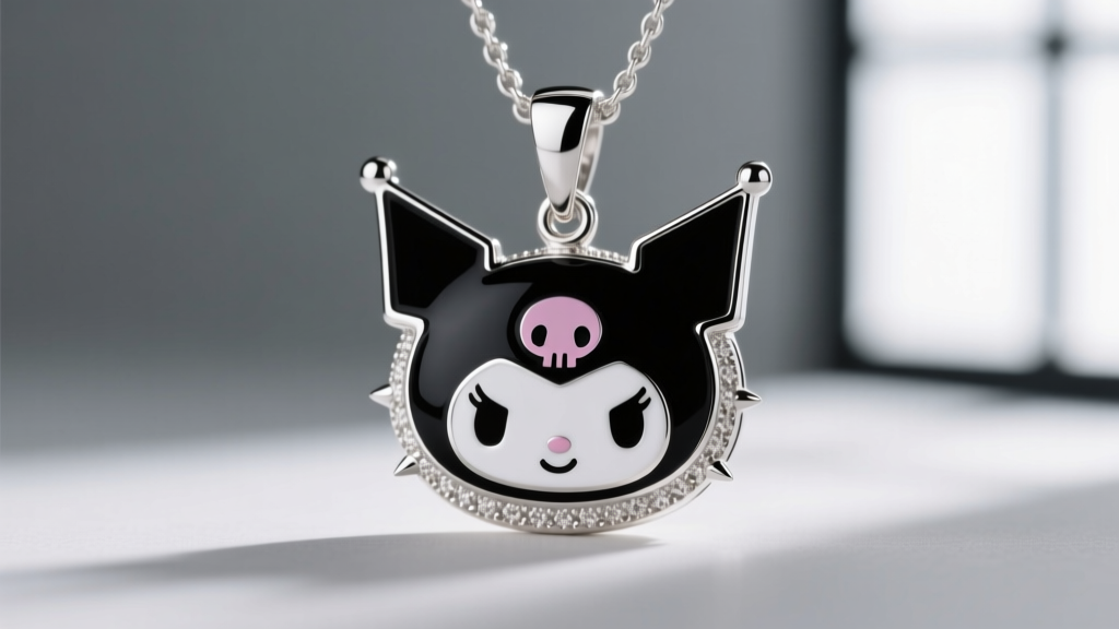 Macro photography of a 925 sterling silver Kuromi pendant showing crisp black and white hard enamel fills and crisp metal borders
