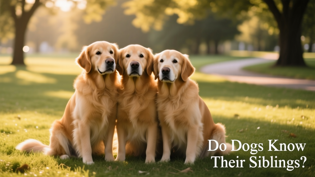 Three dogs sitting side-by-side in a grassy park, gently leaning into one another, with soft focus on the background