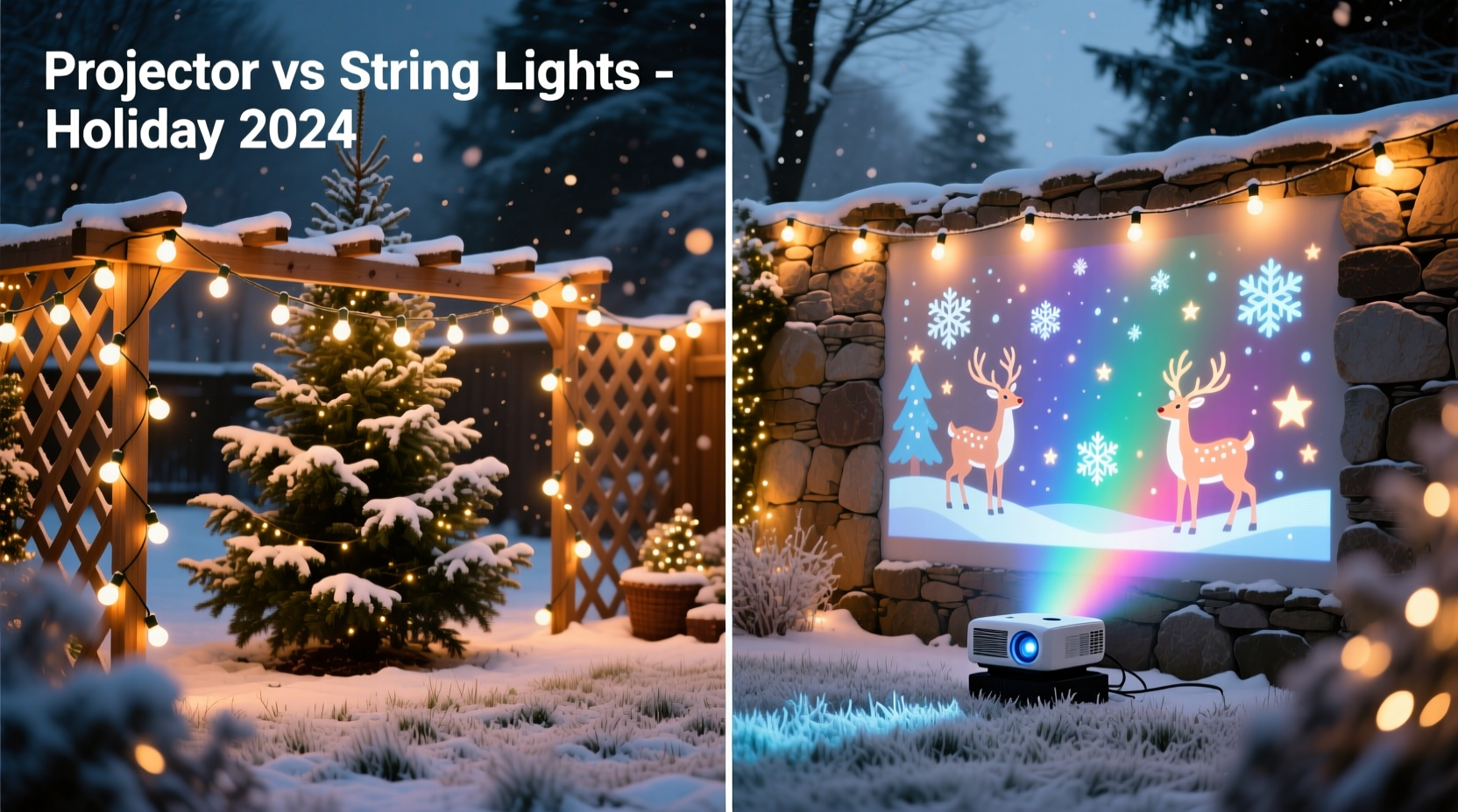 outdoor projector christmas lights vs classic string lights setup comparison