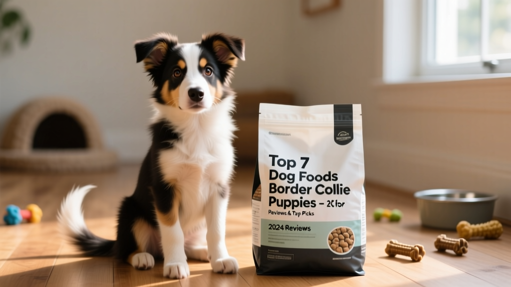 A curious, alert Border Collie puppy sitting beside an open bag of high-quality dry dog food