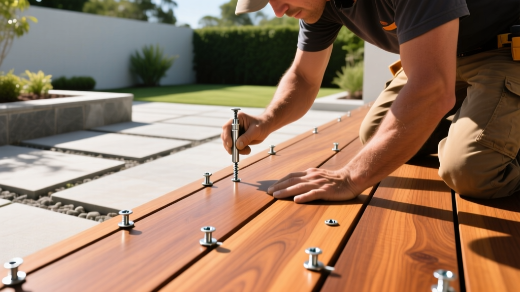 Contractor pre-drilling and face-screwing dense Ipe hardwood decking boards with stainless steel fasteners on a sunny outdoor patio