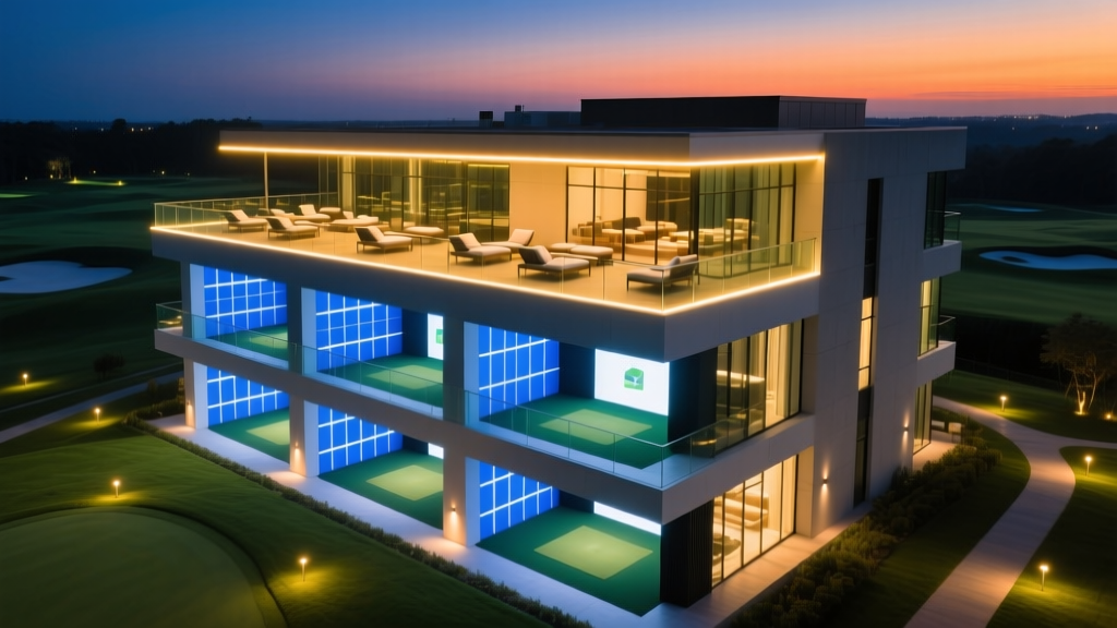Aerial view of a three-story modern golf entertainment complex with illuminated driving range bays and rooftop lounge at dusk