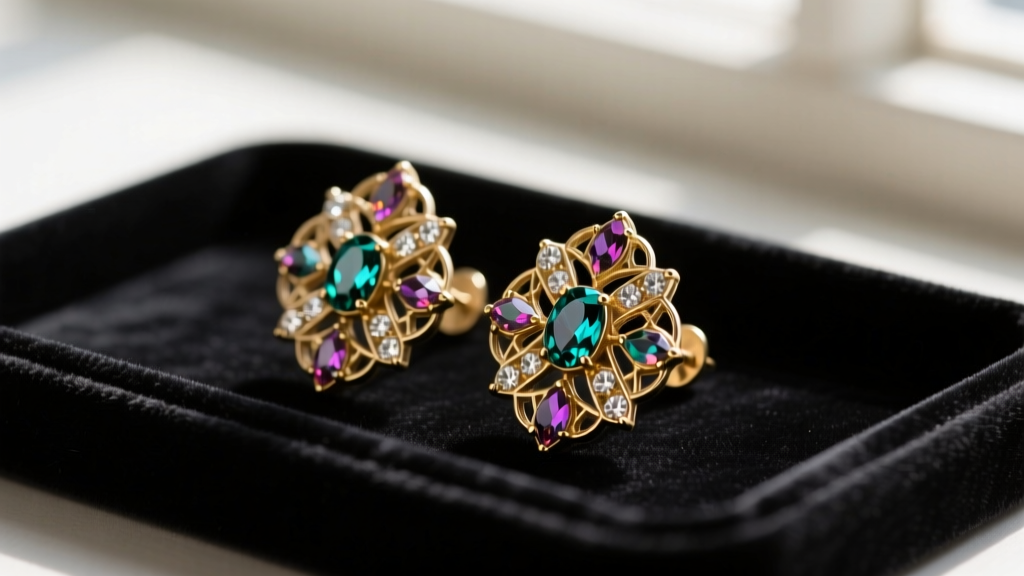 Close-up of ornate 1930s antique clip on earrings with filigree brass and marquise rhinestones resting on dark velvet jewelry tray