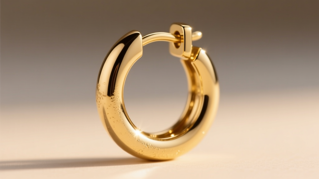 Macro shot of a 14k solid gold huggie hoop earring with clicker closure, highlighting the smooth nickel-free polished metal finish