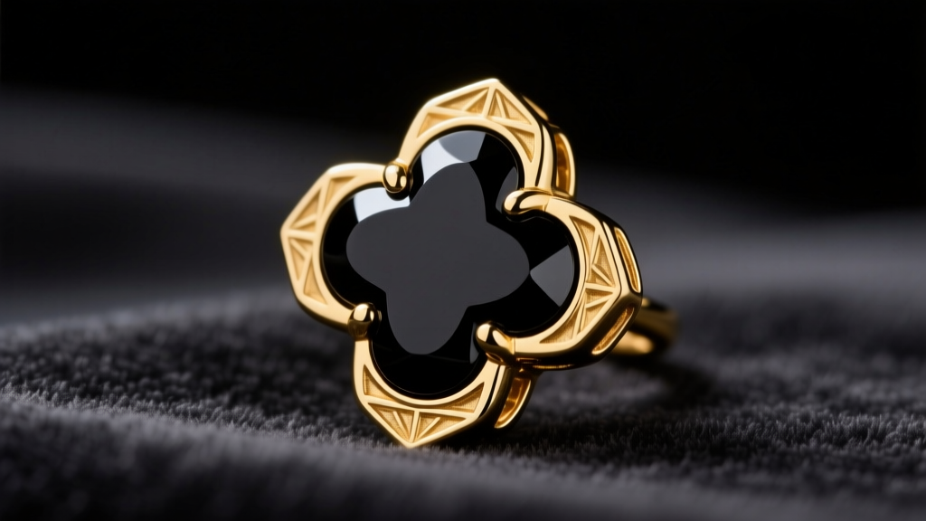 Macro shot of an 18k gold clover earring bezel setting holding polished black onyx, high contrast studio lighting on dark velvet.