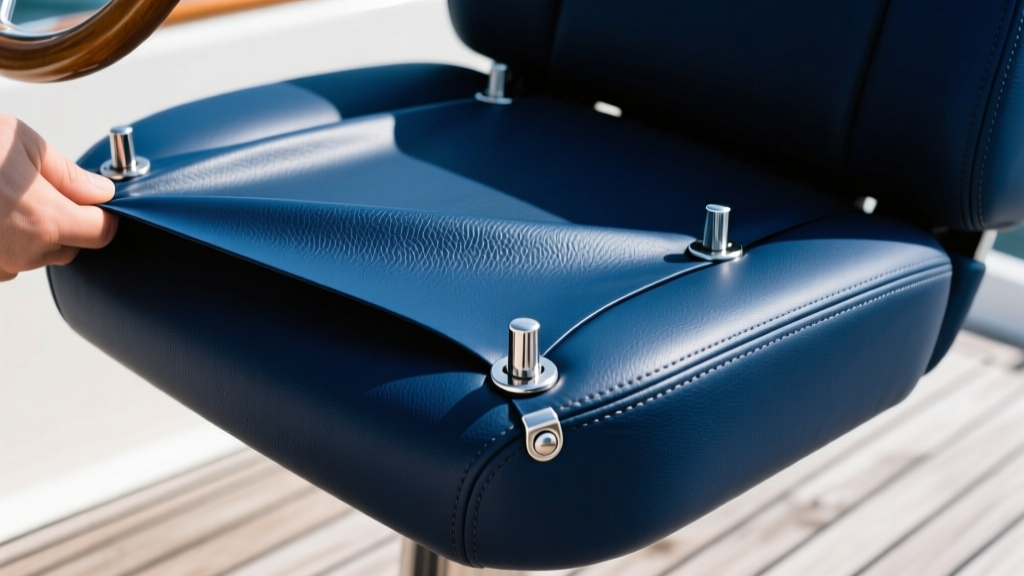 Close-up of marine-grade PVC vinyl upholstery fabric in navy blue being stretched over a boat helm seat with stainless steel staples