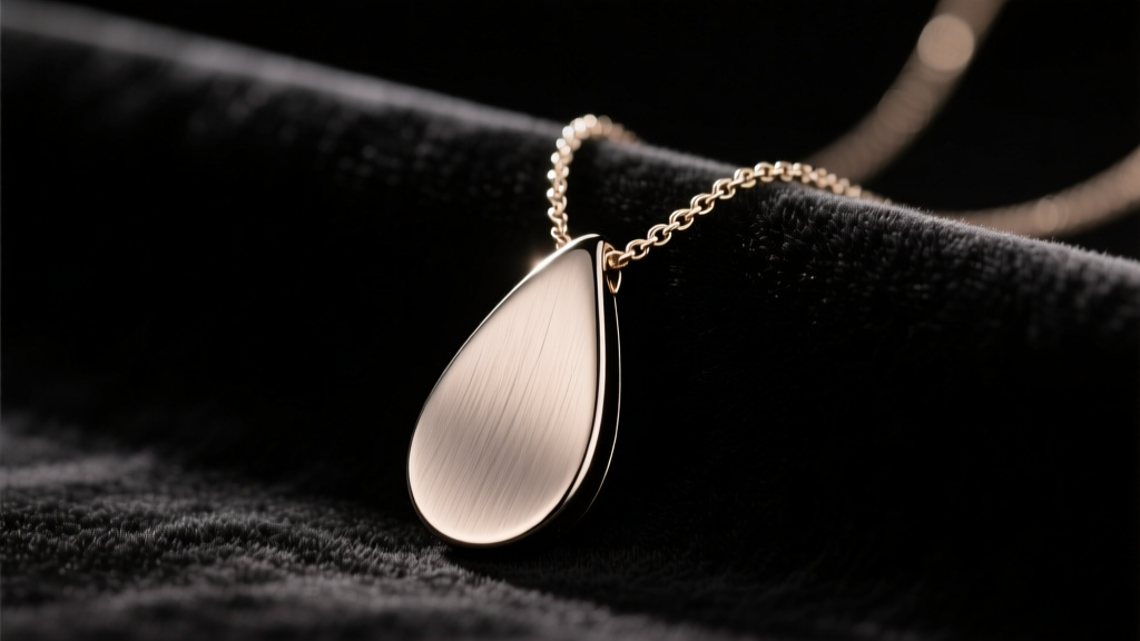 Brushed titanium teardrop cremation necklace resting on dark velvet, illuminated by warm, soft, directional studio lighting.