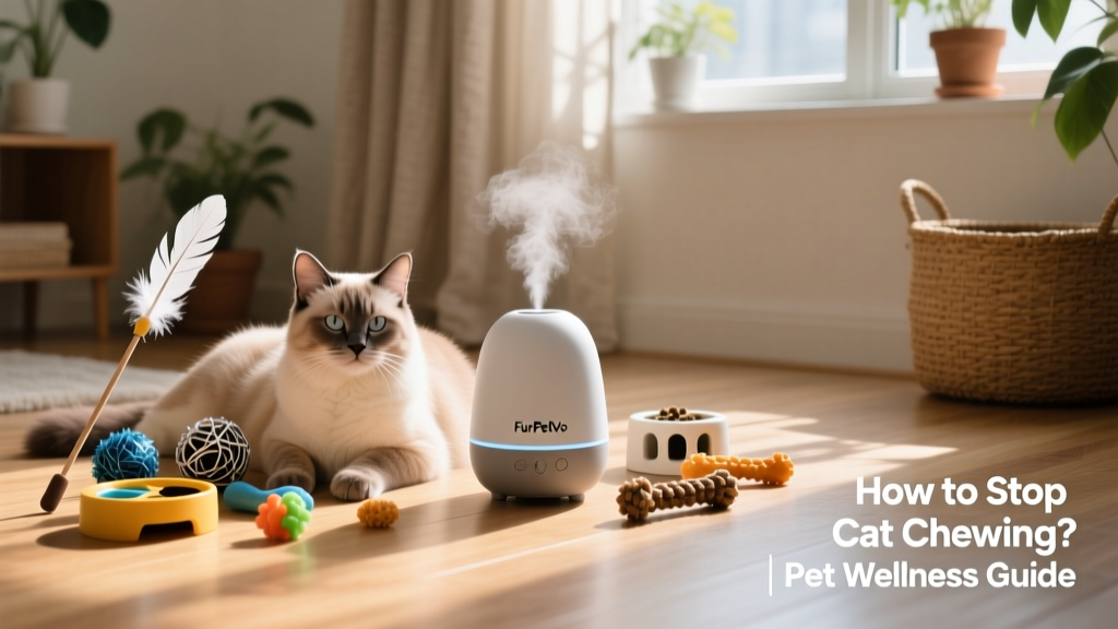 Calm adult cat resting beside a variety of interactive toys and a FurPetVo calming diffuser